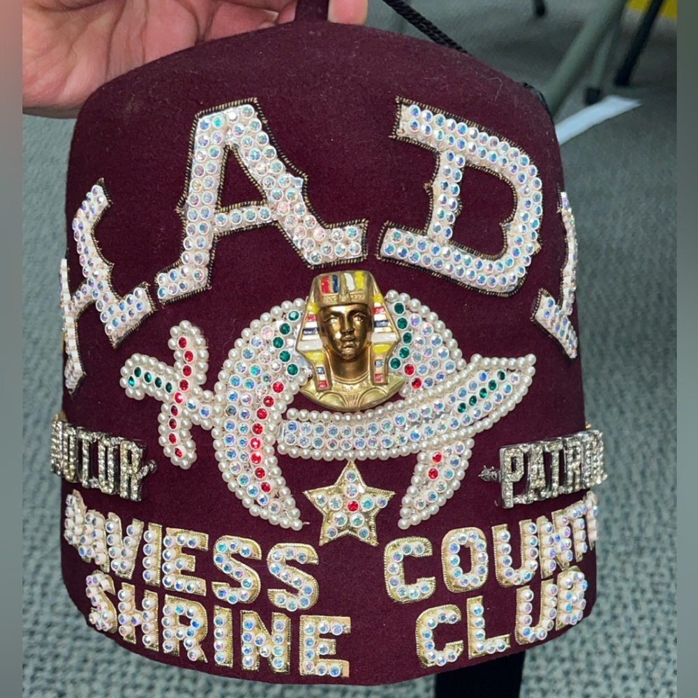 Maroon Fez Hat with Rhinestones and Gold Emblem